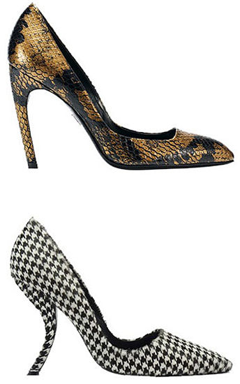 Roger Vivier:1.千鸟格高跟鞋，售价约6100元;2.蟒蛇纹尖头鞋，售价约9350元。