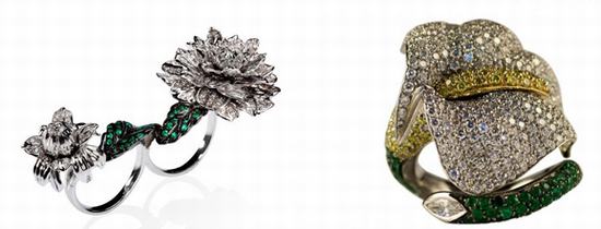 从左到右：Edéenne白黑金花朵钻石戒指、Emily H London的马蹄莲戒指