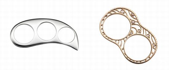 从左到右：Hannah Martin London三环戒指、Nessa by Vanessa Mimran黄金双环钻石戒指
