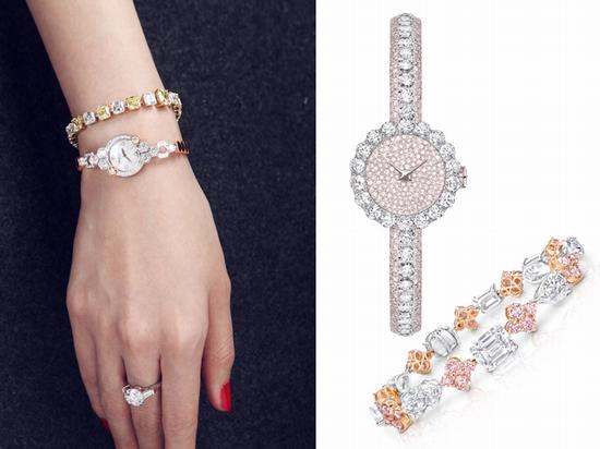Dior迪奥La D de Dior系列顶级粉钻款腕表+Graff格拉夫多形切割粉红钻和白钻钻石手链