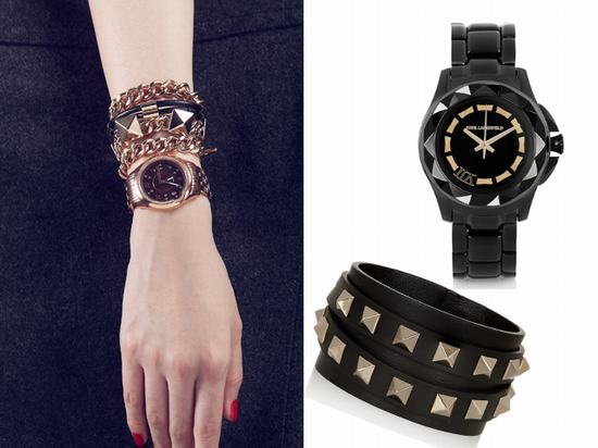 Karl Lagerfeld不锈钢腕表+Valentino 铆钉皮革手镯