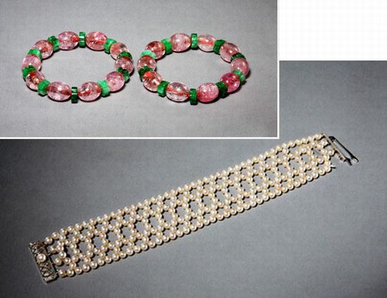 翡翠+红碧玺的撞色和多条排列的珍珠手链