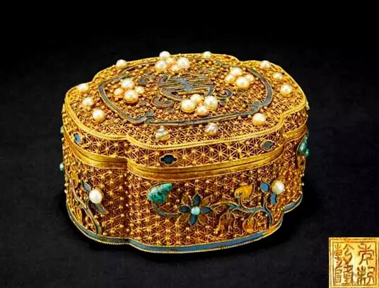 铜鎏金珐琅彩嵌珍珠、绿松石古董首饰盒
