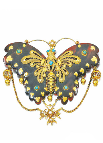 蝴蝶胸针，龟甲、绿松石及黄金掐丝工艺，2012 年伦敦苏富比拍卖