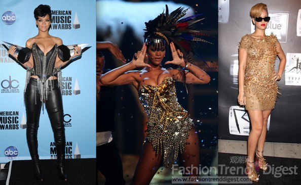 1. 蕾哈娜（Rihanna）<br>
继Lady Gaga之后的“雷母二号”蕾哈娜台上台下都热爱抢眼至极的打扮。无论是带穗的蝙蝠侠胸衣，还是超多镶钻的紧身衣，蕾姐都穿得很有范儿。连不好驾驭的金色，蕾姐也敢从头穿到脚，很有复古气势。<br>
 