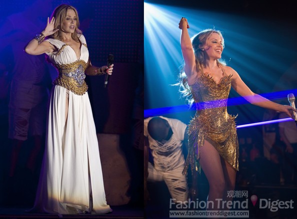2. 凯莉•米洛(KylieMinogue)<br>
澳洲性感歌后凯莉•米洛(KylieMinogue)的白长裙搭配金箍腰带很有希腊女神的感觉，金色短裙金属感十足，典型的舞台版雅典娜形象。<br>
 