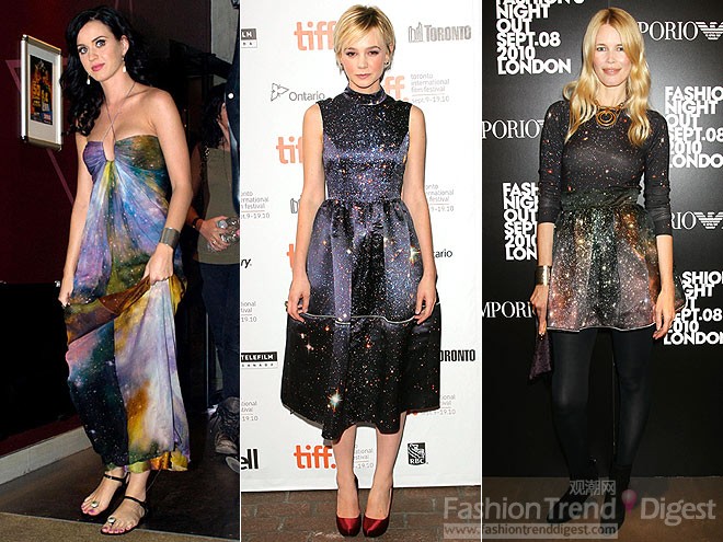 1.	星星印花<br>
凱蒂•佩里（Katy Perry）, 凱瑞•穆里根(Carey Mulligan)和超模克勞蒂亞•雪佛 (Claudia Schiffer)都選擇了一件星星印花的禮服，遠看去就像星光褶褶下的女神一樣圣潔而高貴。<br>
 