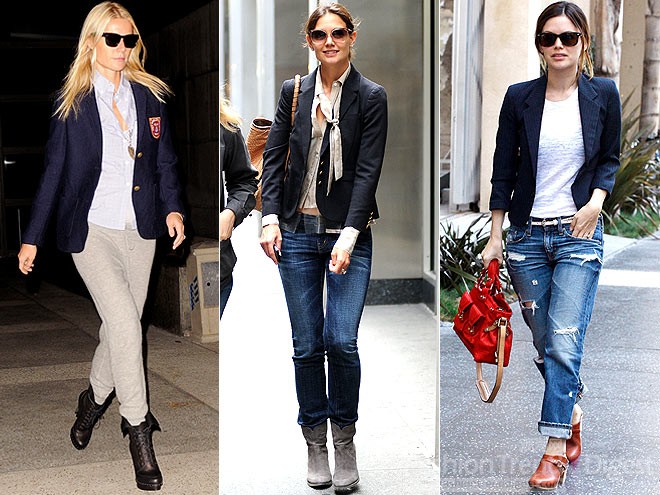 10. 男士制服西裝<br>
格溫妮絲-帕特洛(Gwyneth Paltrow), 凱蒂•霍爾姆斯 (Katie Holmes) 和瑞切爾•貝爾森 (Rachel Bilson) 在中性的裝扮中選擇了一件海軍風的男士制服作為外搭， 這種中性硬朗的男人味從她們的身上散發出來，率性十足。<br>
 