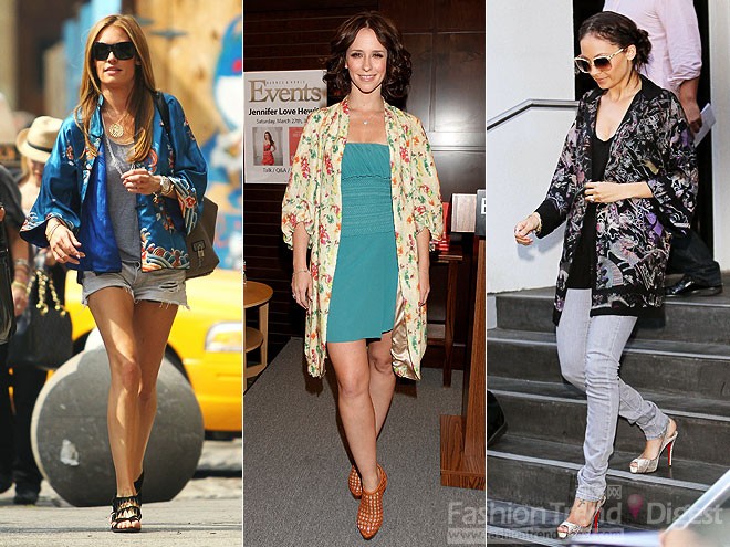 12.	和服式夾克<br>
凱特.迪莉(Cat Deeley), 詹妮弗•洛芙•海維特 (Jennifer Love Hewitt)和妮可•里奇 (Nicole Richie)一件日式風的和服式夾克，異國情調的印花讓出街的裝扮增加了幾分異國情調。<br>
 