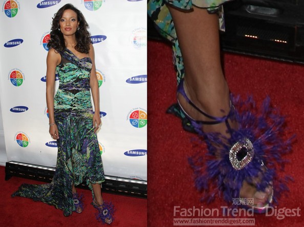 4.	瑟麗塔•伊班克斯 (Selita Ebanks) <br>
品牌： Roger Vivier<br>
瑟麗塔•伊班克斯 (Selita Ebanks)選擇了一件抽象的BCBG印花連衣裙，為了讓大家都關注到她的腳，她又挑選了一雙極其特別的紫色羽毛高跟鞋，是不是看起來別有味道呢？<br>
 