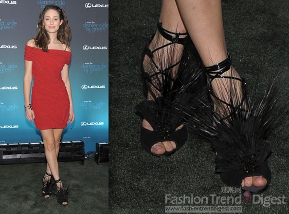 10.	艾米•羅森 (Emmy Rossum)<br>
品牌： Donna Karan<br>
女演員艾米•羅森 (Emmy Rossum)也和瑟麗塔•伊班克斯 (Selita Ebanks)一樣選擇了一件羽毛鞋與紅色禮服相搭配，不過腳下的羽毛裝飾倒有點看起來像刺猬一樣讓人頗有一些距離感。<br>
 
