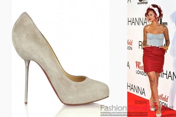 3. christian Louboutin的追随者蕾哈娜(Rihanna)，珍藏着该品牌旗下众多出色的高跟鞋。这款小山羊皮高跟鞋，雍容华贵的外表，冷眼高调的银细尖跟，简约之中彰显高贵本色。 