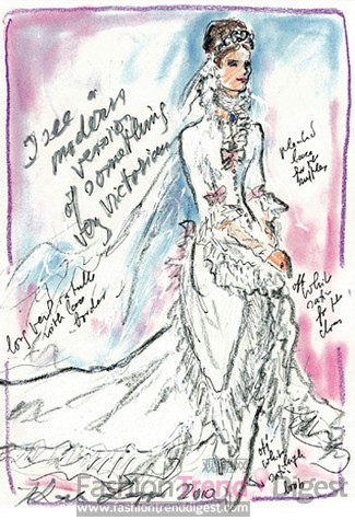 风格的婚纱,高领、粉色蝴蝶结、前开叉,设计稿