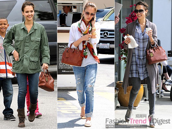 RALPH LAUREN COLLECTION 手挎包<br>
杰西卡•阿尔芭(Jessica Alba)几乎穿遍了每年的时尚趋势，但是关于她身边的贴身物品包包总是那么一款，这款经典的Ralph Lauren系列中的