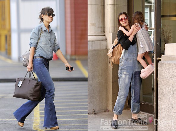 凱蒂•霍爾姆斯 (Katie Holmes)<br>
阿湯嫂凱蒂•霍爾姆斯 (Katie Holmes)總是會(huì)穿著牛仔襯衣、靴褲和笨重的高跟鞋，就連工作裝都成了她衣櫥里最愛的單品，除了低調(diào)的著裝風(fēng)格之外，她都會(huì)選擇一個(gè)非常奢侈的手袋。<br>
 