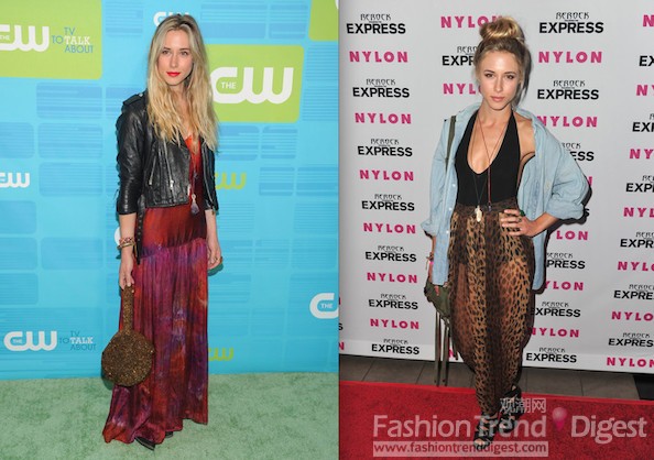 阿嬌塞爾（Gillian Zinser）<br>
阿嬌塞爾（Gillian Zinser）是典型的沖浪型女孩，而在現(xiàn)實(shí)生活中，她的時(shí)尚感一點(diǎn)都不比她所演的角色差，她最愛(ài)的就是時(shí)尚前衛(wèi)的Maxi長(zhǎng)裙，外搭一件機(jī)車夾克或大號(hào)牛仔襯衣，這是典型的90年代的中性打扮。<br>
 