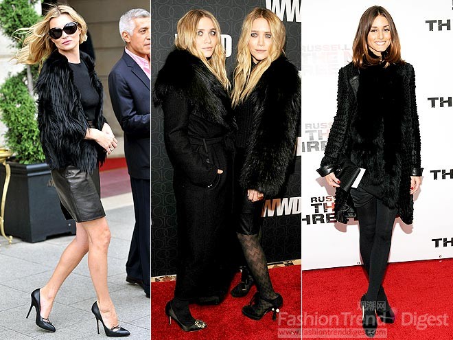 13. 黑色熊衣<br>
凯特•莫斯 (Kate Moss),奥尔森姐妹 (Olsen Sister)和奥利维亚•巴勒莫 (Olivia Palermo)都选择了一件黑色熊装出镜，毛茸茸的外套甚是保暖。<br>
 