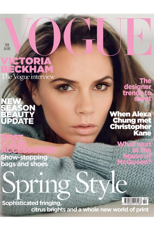 35. 在《Vogue》杂志英国版2011年2月号封面上，维多利亚•贝克汉姆 (Victoria Beckham) 一改往日强势的性感女郎形象，变身柔情主妇。 
