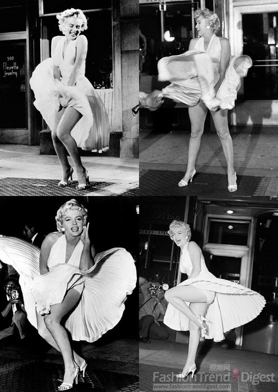 3、Marilyn Monroe in《Seven Year Itch》(1955)<br>
大部分男人喜歡夢露的原因，是因為她的性感當中，還夾雜著一絲純真。而女人們喜歡或者是嫉妒夢露的原因，大概是由于她那一頭耀眼的金發，還有豐滿的身材，以及在裙子被吹起如此尷尬的時刻，不僅形象絲毫無損，更成為了影史經典鏡頭之一。也許Billy Wilder是最了解夢露的人，也是最愿意重用她的人。那一頭漂白的金發，清涼的白色連衣裙——在通風道口被吹起，裙擺飄揚。夢露孩子般地說著：“我好涼快！”他把她塑造成了男人心中意淫的對象。也令在場觀看影片拍攝的所有人都吹起了口哨。<br>
相似鏈接：《Some like It Hot》<br>
 