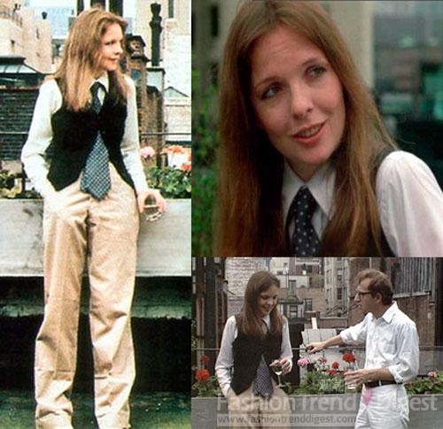 5、Diane Keaton in 《Annie Hall》(1977) <br>
著名时装设计师为电影当中角色操刀早已屡见不鲜。《Annie Hall》这部电影的成功，不仅成就了Woody Allen 和Diane Keaton，由Ralph Lauren设计的服装更成为了风靡全球几个时代的经典造型。Diane Keaton以最简单的男士衬衣，领带，小西装马甲，棉质阔腿裤和圆礼帽——这一身乍看起来有些邋遢的男装造型新鲜亮相。不同于早期YSL设计的女士男装，那讲究精良剪裁，柔美贴身的法式风格，Ralph Lauren在这里更强调一种随意街头的雅痞风格。符合Woody Allen纯纽约气质的格调。<br>
 