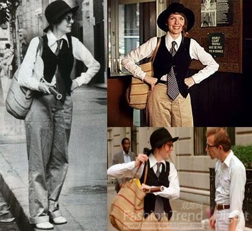 5、Diane Keaton in 《Annie Hall》(1977) <br>
著名時(shí)裝設(shè)計(jì)師為電影當(dāng)中角色操刀早已屢見不鮮。《Annie Hall》這部電影的成功，不僅成就了Woody Allen 和Diane Keaton，由Ralph Lauren設(shè)計(jì)的服裝更成為了風(fēng)靡全球幾個(gè)時(shí)代的經(jīng)典造型。Diane Keaton以最簡(jiǎn)單的男士襯衣，領(lǐng)帶，小西裝馬甲，棉質(zhì)闊腿褲和圓禮帽——這一身乍看起來有些邋遢的男裝造型新鮮亮相。不同于早期YSL設(shè)計(jì)的女士男裝，那講究精良剪裁，柔美貼身的法式風(fēng)格，Ralph Lauren在這里更強(qiáng)調(diào)一種隨意街頭的雅痞風(fēng)格。符合Woody Allen純紐約氣質(zhì)的格調(diào)。<br>
 