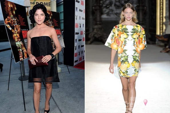 塞尔玛•布莱尔 (Selma Blair) in Stella McCartney<br>
塞尔玛•布莱尔 (Selma Blair)倾向于选择基础色调，黑色就是非常保险的颜色，但是她偶尔会选择一两件出挑的礼服，比如水钻镶嵌的粉色上衣和羽毛裙进行混搭，她应该比较喜欢Stella McCartney这款充满生机和欢乐的橘子礼服。<br>
 