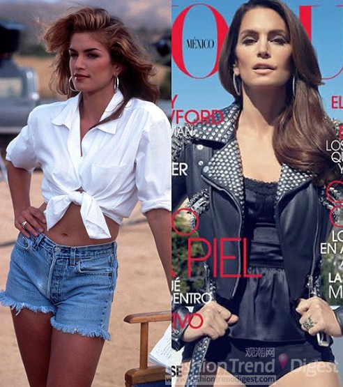 10. 辛迪•克劳馥 (Cindy Crawford)<br>
往日: 1992年在一部电视剧Stunt Woman中的造型，并且赢得了美国超级名模的称号。<br>
当今：她45岁了，依旧为4月刊墨西哥VOGUE杂志做封面。<br>
 