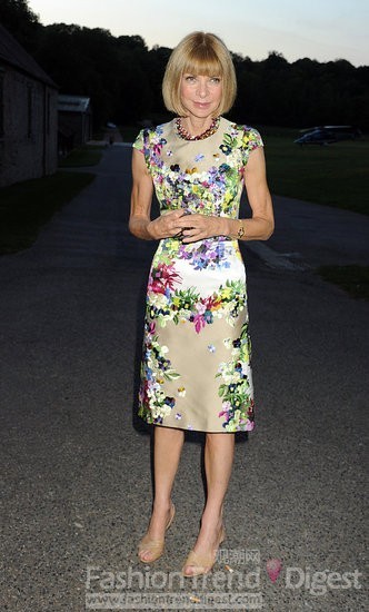 6.	安娜溫圖爾（Anna Wintour）身著一件印花裙參加Valentino 晚宴。 