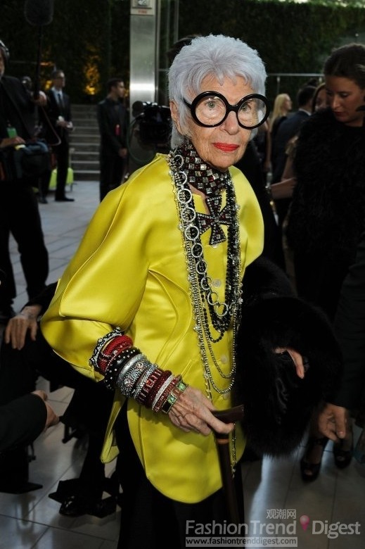 3. 艾瑞斯•阿普菲尔 (Iris Apfel)<br>
90岁的艾瑞斯•阿普菲尔 (Iris Apfel)是来自纽约的时尚偶像、知名时装收藏家。Iris Apfel的Vintage时装收藏已足够让人赞叹得说不出话来，特别是她的纽约公寓的设计灵感就来自2005年的大都会艺术博物馆的展览。<br>
 