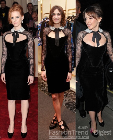 5. 杰西卡•查斯坦(Jessica Chastain), 艾里珊-钟(Alexa Chung) and凯莉•米洛(Kylie Minogue) 选择Emilio Pucci<br>
小黑裙几乎是每位明星人手一件的单品，这3位明星都选择了一件Emilio Pucci小黑裙，袖口和领口处以性感的蕾丝相拼接，露出迷人的乳沟，相当性感。<br>
 