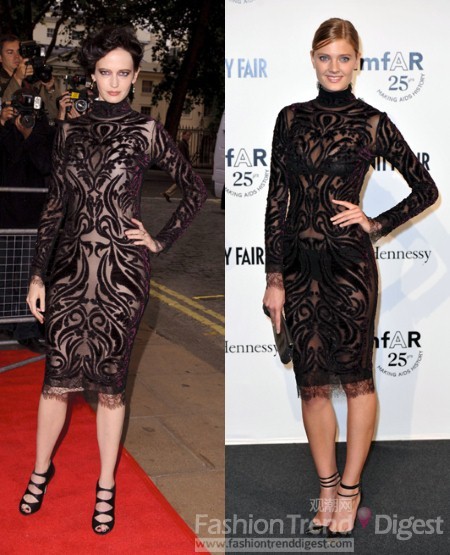 7. 爱娃•格林（Eva Green）和康士坦茨•雅布伦斯基 (Constance Jablonski) 选择 Emilio Pucci<br>
Emilio Pucci的礼服是格外大胆的，不是每位明星都敢于这么穿，这身透视黑礼服凸显出女人最性感的肢体语言，我们还能在薄纱中看到女性穿着的比基尼。<br>
 