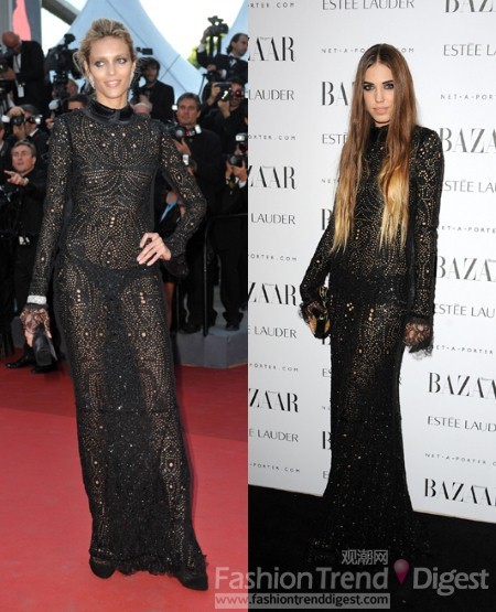 11. 嘉•鲁比克(Anja Rubik) 和 Amber le Bon选择Emilio Pucci<br>
超模Amber le Bon在Harper's Bazaar年度女性颁奖礼上选择了一件Emilio Pucci镂空晚礼服，而另一位超级名模嘉•鲁比克(Anja Rubik)也戛纳电影节上穿上了同款的礼服，看来她们都喜欢若隐若现的裸露。<br>
 