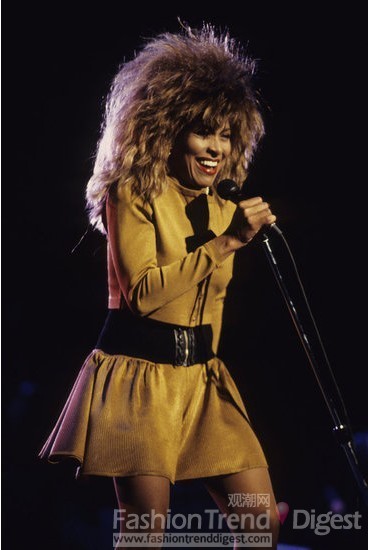 8. 蒂娜•特纳（Tina Turner）是一位潮流引领者，当我们爱上时装秀之前，蒂娜•特纳（Tina Turner）穿着的是一件大胆的芥末黄短裙，束了一条黑色腰带。<br>
<br>
 