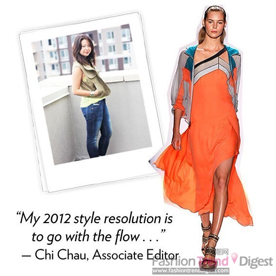 4. 飘逸的连衣裙<br>
Chi Chau：“2012年的风格一定是流动性的，就像BCBG、Kimberly Ovitz、Nicholas K、Rachel Comey秀场上为我们展示的一样，对我个人而言，我喜欢这种柔软的面料，带有希腊女神般的风格，我现在已经迫不及待想在暖和的天气中穿上它了。”<br>
 