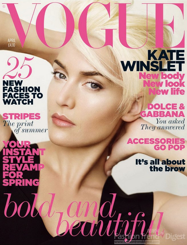 18. 凯特•温丝莱特(Kate Winslet)登上时尚杂志《Vogue》英国版2011年4月号封面，这是她出道以来第三次登上Vogue杂志，礼服：Roland Mouret。 