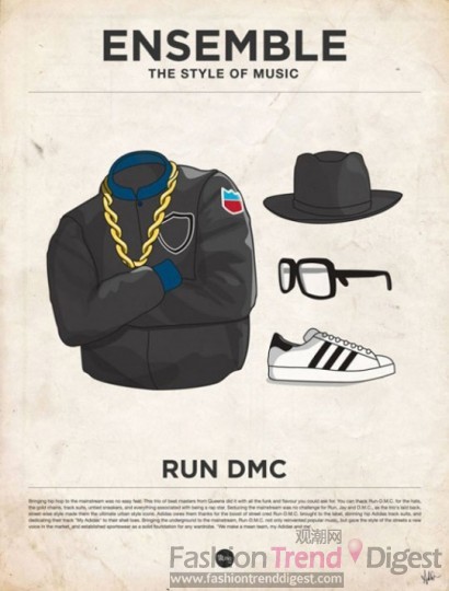 4. Run-DMC <br>
复古的宽檐帽、黑框眼镜、嬉皮的夹克、一根粗粗的金色项链看起来十分痞气。<br>
 