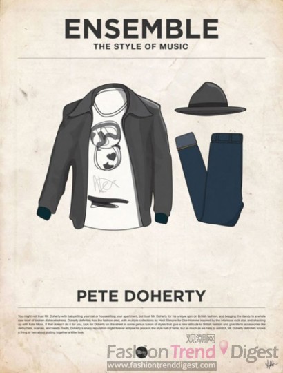 14. Pete Doherty<br>
著裝風格以基礎色為主，不過白色打底衫上會選擇一些夸張的圖案作為陪襯。<br>
 