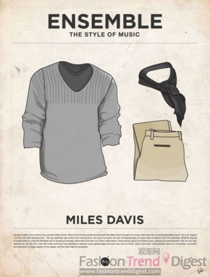 15. Miles Davis<br>
男人打絲巾，他是第一人，著裝風格經常以灰色搭配卡其色，隨性而自然。<br>
 