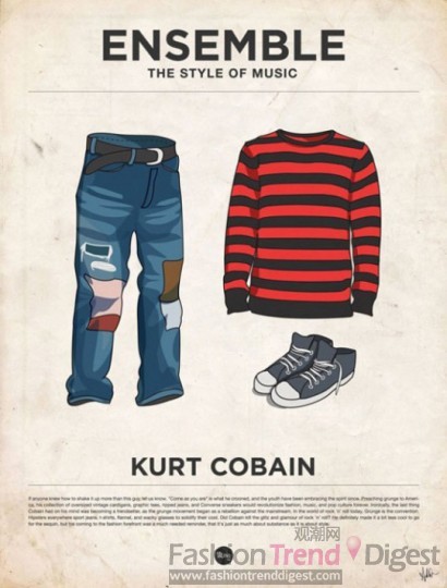 17. Kurt Cobain<br>
彩色條紋衫搭配補丁牛仔褲，這正好迎合了時尚界最近幾幾最流行的穿搭方式。<br>
 
