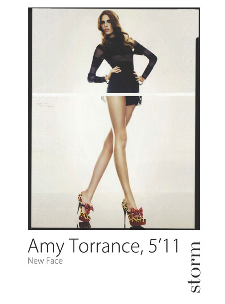 15. Amy Torrence<br>
“17岁的Amy几年前被公司发掘 ，她现在还是在校学生，但是业余走秀已经给她带来了不小的名气。 她已经与Calvin Klein, Mulberry 和 Kurt Geiger有合作 ，并为Erdem, Jonathan Saunders, Twenty8Twelve, Jaeger, Pringle 和 Mark Fast等走秀。我喜欢她的外形，高挑，有一双极其修长的美腿和精致的脸庞，使得她古典美与现代美并行。她是难得的英伦玫瑰，值得关注。”<br>
 