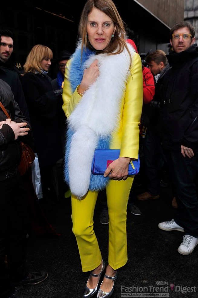 13. Anna Dello Russo也玩起了潮人们最爱的色彩组合，柠檬黄的套装上外搭了一条双色貂毛围巾，关注度极高。 