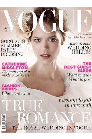 16. 2011年5月 – 在Vogue 5月特別刊中，勞拉•斯通 (Lara Stone)，F(xiàn)reja Beha Erichsen 和 Natalia Vodianova都分別擔(dān)當(dāng)了3個(gè)封面，F(xiàn)reja穿的是Oscar de la Renta婚紗。<br>
<br>
 