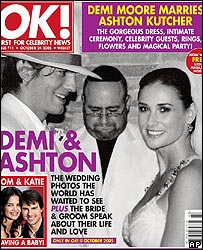 4. 黛米•摩尔 (Demi Moore)  和艾什顿•库彻 (Ashton Kutcher) 的结婚照<br>
价格: 300万美金<br>
细节: 他们是好莱坞最炙手可热的夫妻，在2005年10月的一张黑白结婚照就赢得了300万的薪酬，黛米•摩尔 (Demi Moore)  和艾什顿•库彻 (Ashton Kutcher)向OK杂志出售了她们的结婚照，并把所有的收入捐献给了人道主义因飓风受害的伤者。<br>
 