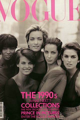 13. Naomi Campbell, Linda Evangelista, Tatjana Patitz, christy Turlington和 Cindy Crawford等5位超模同时出现在1990年1月封面上，属于超模的全盛时期。 