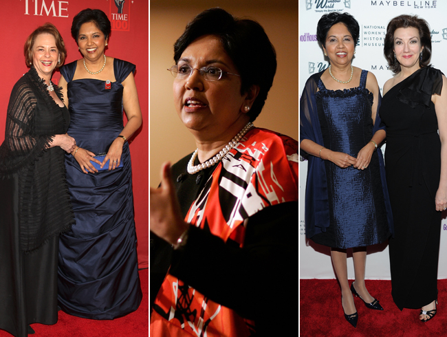 3. 英德拉•努伊(Indra Nooyi)<br>
百事公司(PepsiCo)首席执行官的英德拉•努伊(Indra Nooyi)，她的勇敢机智是大家众所周知的，红毯上的她绝对是优雅女士的代表，身着一件优雅的礼服之外，还有一件披肩为之搭配，如果说她是明星大腕，也不为过。<br>
 