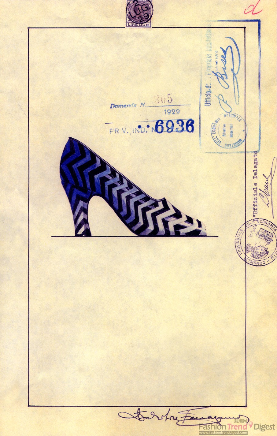 21 Salvatore Ferragamo，半高跟鞋。1929年11月27日6936号专利副本。鞋面由不同颜色的曲线条纹组成。佛罗伦萨，Salvatore Ferragamo博物馆。 