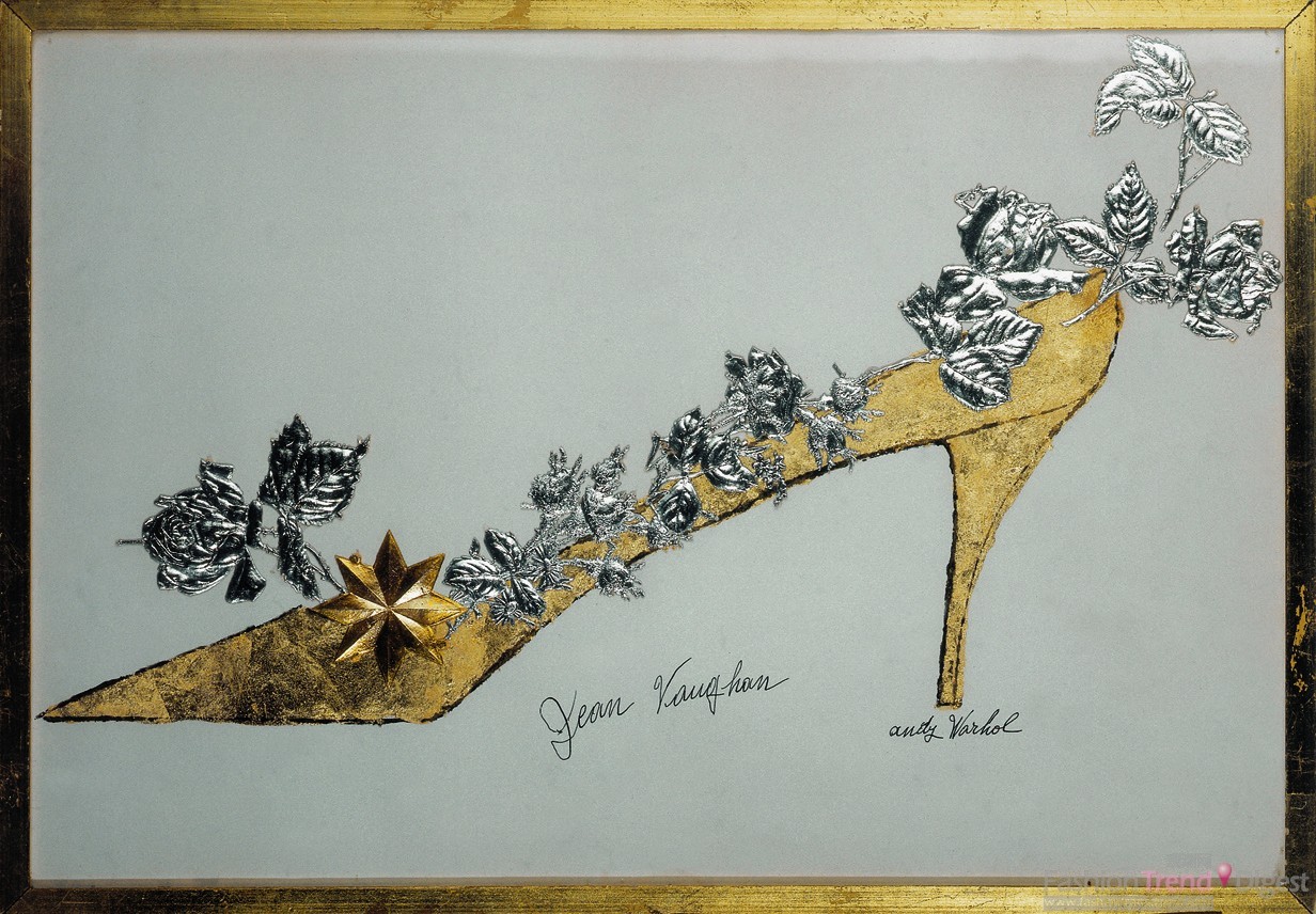 28 安迪•沃霍尔（Andy Warhol），Jean Vaughan (金色鞋子)，1956年。金色树叶、油墨、盖有图章的拼贴画。威尼斯，Luigino Rossi 私人收藏室。 