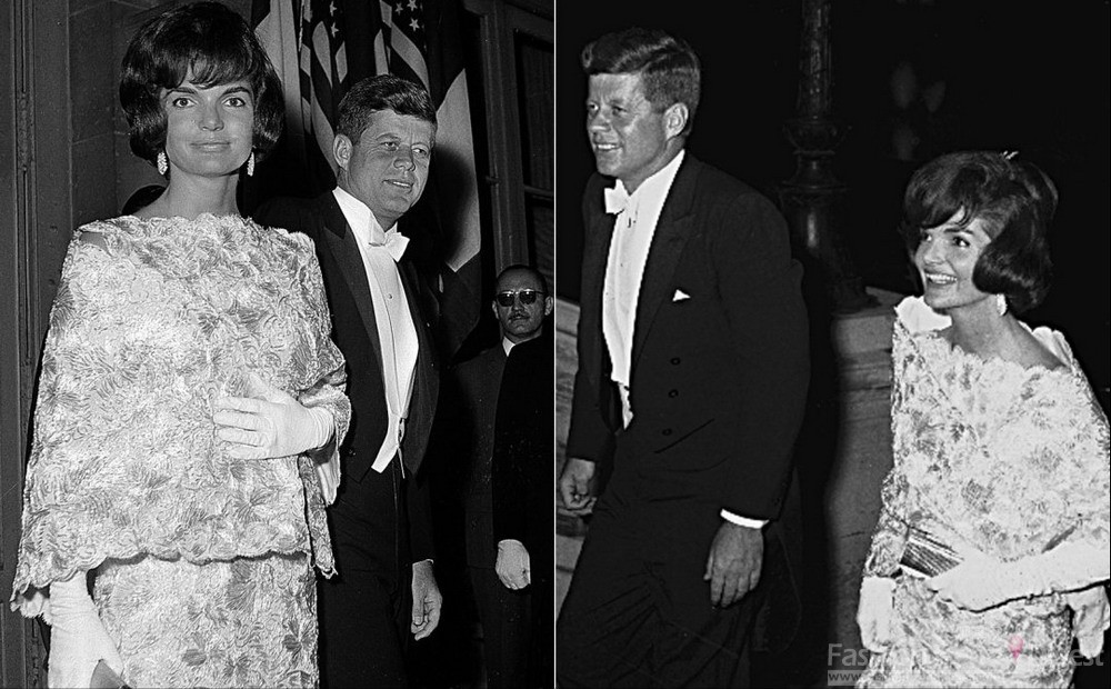 7. 1961.5.31，Jackie O.与肯尼迪总统盛装出席在法国巴黎爱丽舍宫举办的晚宴。 