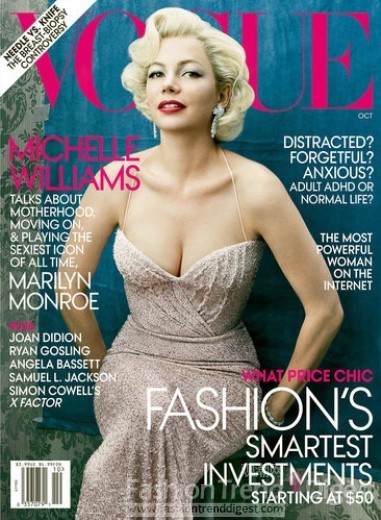 1. 米歇尔•威廉姆斯 (Michelle Williams)打扮成玛丽莲•梦露（Marilyn Monroe）春夏在2011年VOGUE 10月刊的封面。 