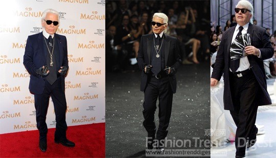 1.	Karl Lagerfeld<br>
Karl Lagerfeld的标准造型，在2000年的Chanel 2000-2001秋冬秀场上，Karl Lagerfeld就开始这样的着装了。<br>
 